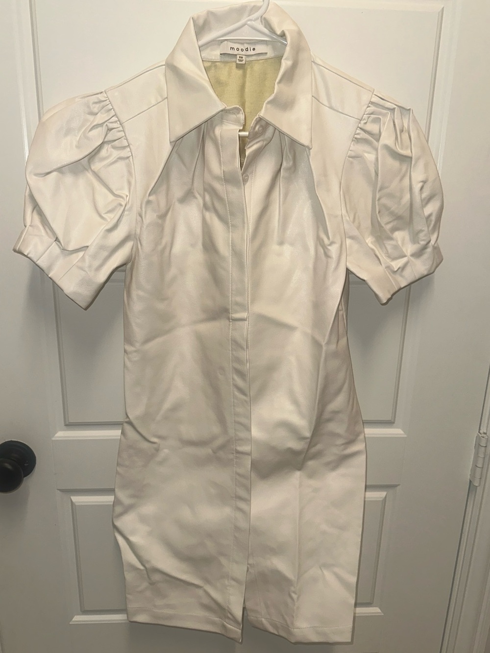 Moodle Vegan Leather Ivory Puff Sleeve Shirt Dress